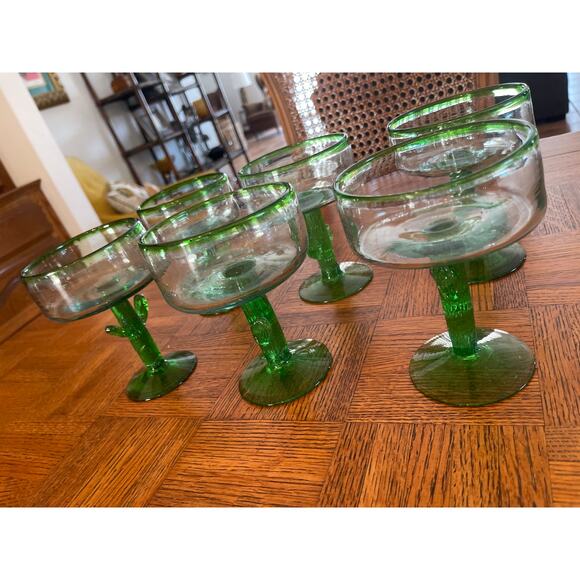 Handblown Mexican Margarita Glasses Green Cactus Stem Recycled Bubble Glass (6) - Picture 2 of 6